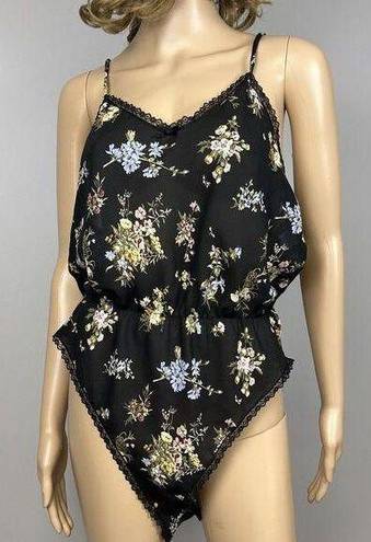 Petra Fashions Vintage  Teddy Bodysuit Lingerie Size Large Sheer Black Floral USA