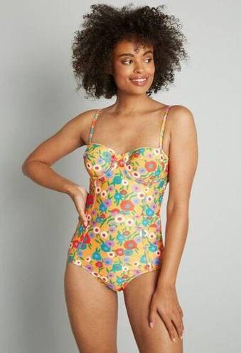 Modcloth  The Pippa Yellow Floral One Piece Full Coverage One Piece Swim Suit