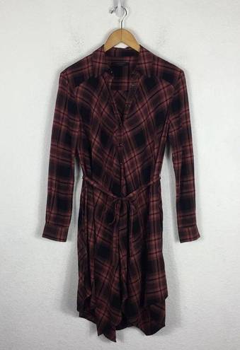 ALLSAINTS  Tala Red Check Plaid Asymmetric Hem Button Shirt Dress XS