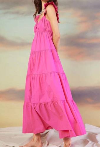 Free The Roses  NWT Flamingo Fuchsia Pink Poplin Tiered Ruffle Maxi Dress Small