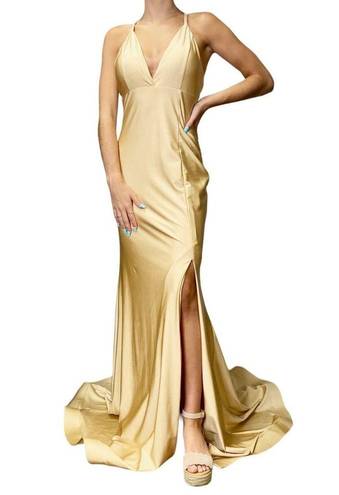 Jessica Angel  510 Cross Back V-Neck High Leg Slit Gown Toffee Size Medium NWT