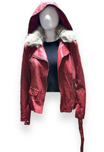 LA Coalition  Faux Leather Jacket Faux Fur Size Medium Red Hooded