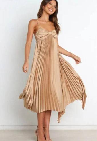 Petal and Pup  Vikki Gold Satin Pleated Asymmetrical Hem Midi Dress 10