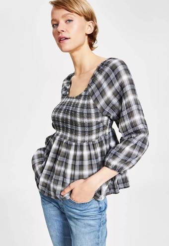 Tommy Hilfiger Tommy Jeans Womens Size Medium Plaid Peplum Smocked Top •Scoop Neck Long Sleeves