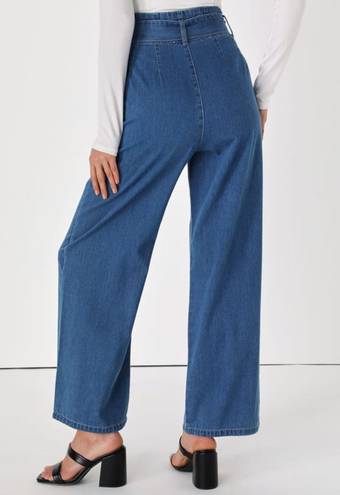 Lulus Streamline Medium Blue Chambray Paperbag Wide-Leg Trouser Pants