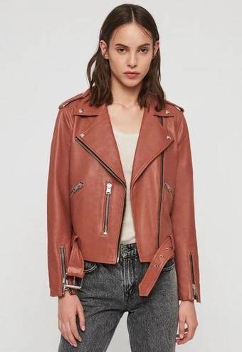 All Saints Balfern Belted Hem Leather Biker Jacket in Rosewood, in size 8