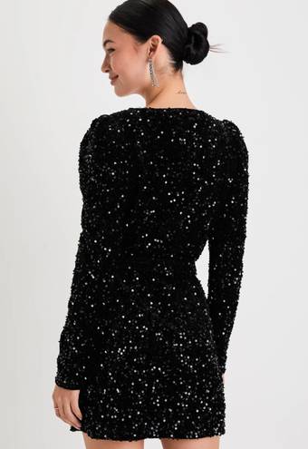 Lulus Glowing Muse Black Sequin Velvet Long Sleeve Wrap Mini Dress