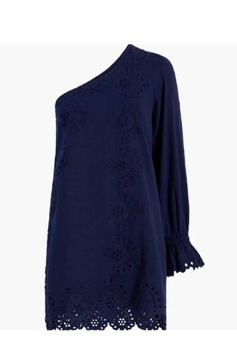 Hill House NWT  The Mila Dress One-Shoulder Eyelet in Navy Linen sz S