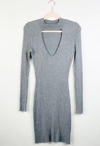 Kendall + Kylie  Gray Ribbed Long Sleeve Keyhole‎ V Neck Sweater Dress Medium