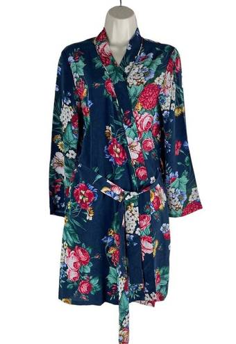 Johnny Was  Evelyn Silk Sleep Robe Floral Print Cozy Navy Blue Size XS