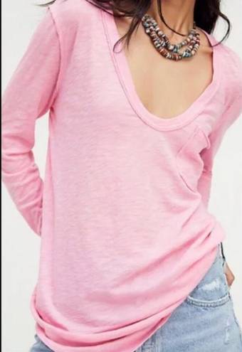 Free People  We The Free Betty Long Sleeve Tee Pink Slouchy Deep Scoop Neckline M