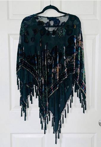 Coldwater Creek 💜Sheer Silk, Black Velvet Burnout Poncho,Beading & Tassels. OSFM💜