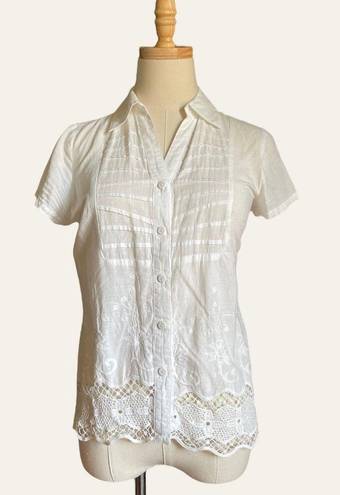 August Silk Y2K White Cotton Crochet Coquette Button Down Short Sleeve Top