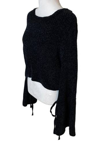 Lovers + Friends  Sweater Cropped Chenille Tie Bell Sleeve Scoop Neck Black Small