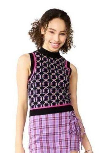 SO  Retro Sweater Vest Preppy Black Fuchsia Crop High Neck Vest Junior Medium NEW