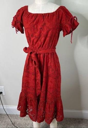 Shoshanna  anthropologie eyelet red belted ruffle midi dress size 2 wedding guest