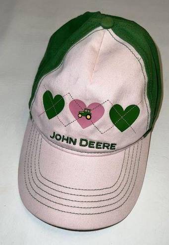 John Deere  Womens Hat Cap Adjustable Hook And Loop Pink Green Hearts