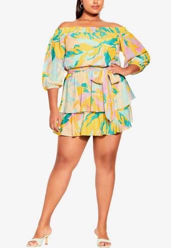 City Chic  Eileen Off The Shoulder Dress In Multi Belted Mini Plus Size 16