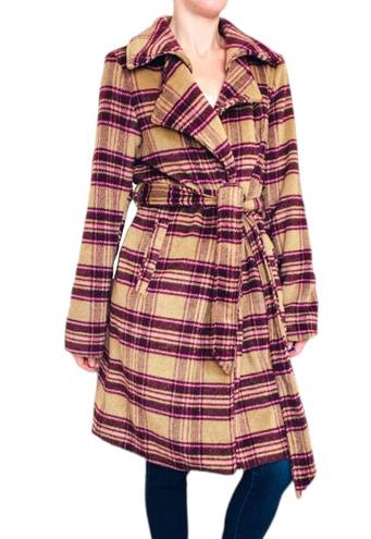 A New Day NWT  Carmel & Burgundy Plaid Long Waist Tie Wool Coat