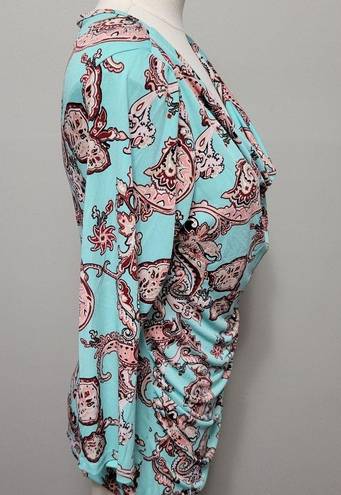 Ny&co NY& 7th Ave teal paisley drape neck ruched blouse size small