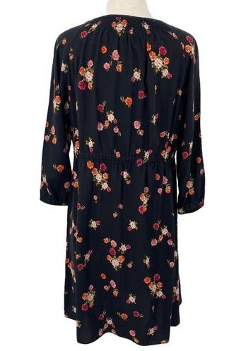 J.Jill  Floral Button Down Dress Smocked Neck Floral Printed Mini Black Womens MP