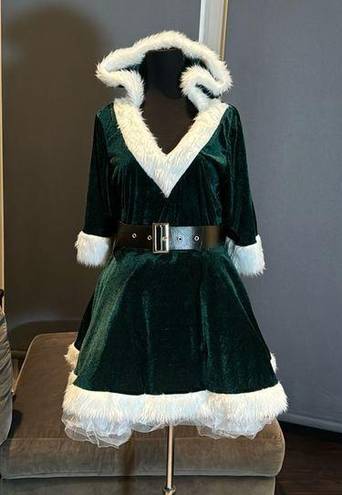 ma*rs Short Green Hooded Dress White FauxFur Trim  Claus Santa Christmas Size L NEW