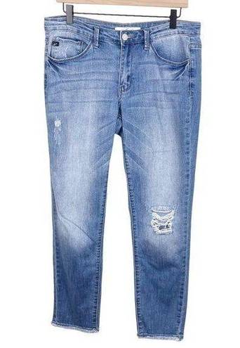 Kancan KC11046 Mid Rise Torn Straight Cropped Leg Stretch Denim Blue Jeans 28