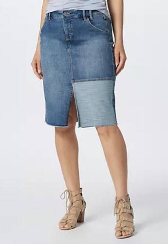 NYDJ Denim Midi Skirt Size 8 Front Patch- Clean Seline Knee Length Blue Fringe Hem