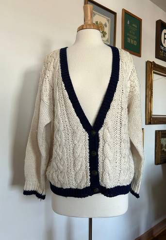 Vintage Contrast Cream And Navy Cardigan Sweater Blue Size M