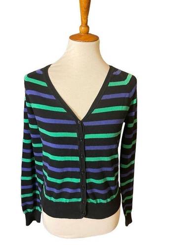 Xxi  Womens Cardigan Sweater Stripe Long Sleeve Button Front V Neck Blue Large