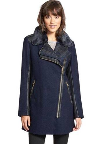 Sam Edelman  Navy Black Leah Coat Wool Faux Fur Vegan Leather Women's Small