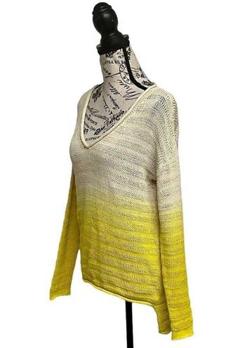 Michael Stars  Open Knit Vneck Pullover Ombré Sweater 2 Yellow White Beachy