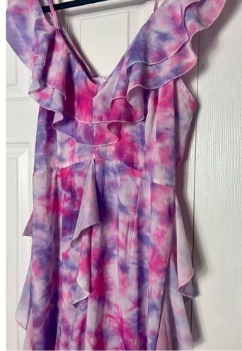 Pretty Little Thing Pink Tie Dye Cold Shoulder Ruffle Detail Maxi Dress 12 Large