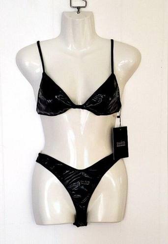 Naked Wardrobe  Swim Women Small Black Vinyl Sexy Bikini Set Resortwear NEW