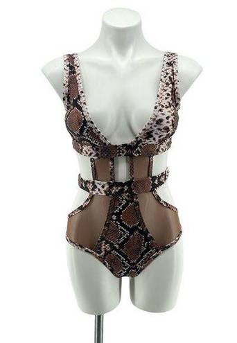 Matte Collection  Women’s Brown Snakeskin Mesh Cutout One-Piece Swimsuit Small