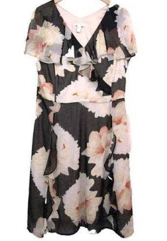 Isaac Mizrahi  Floral Chiffon Ruffle Dress Black Cream Ivory Wedding Party 12