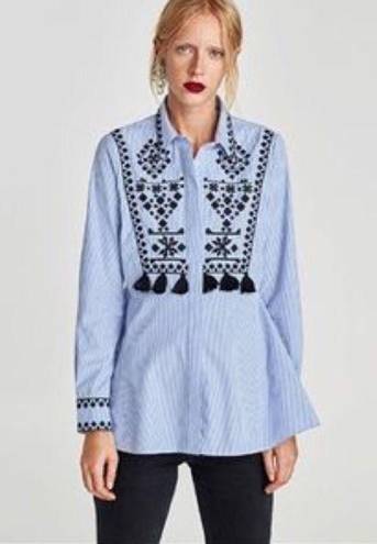 ZARA  Woman | Blue Striped Embroidered Peplum Shirt S