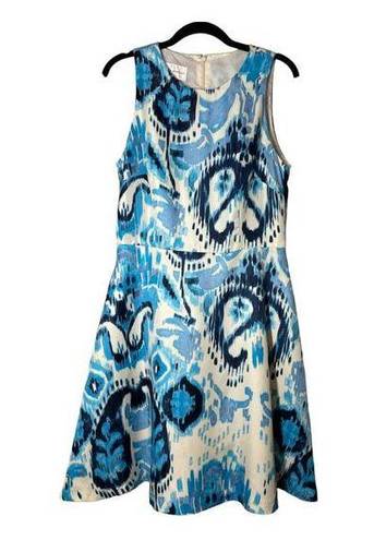 Donna Morgan  Sleeveless Fit Flare Dress Knee Length Blue Batik Print 8 Pockets