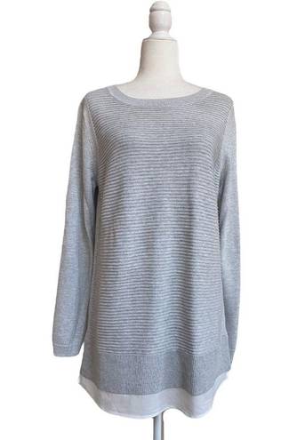 Hilary Radley  Womens Size L Gray White Two Fer Long Sleeve Faux Layered Sweater