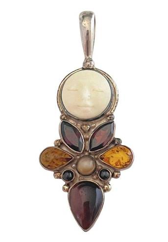 The Moon Silver 925 Sajen Sun Face Necklace PENDANT Garnet Amber Red Tiger Eye Onyx