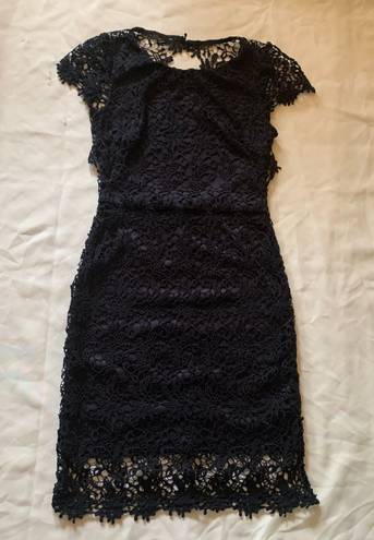 Harper Navy Blue Crochet Lace Open Back Dress Small, Fitted Mini Dress