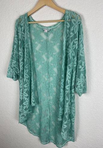 LuLaRoe  Womens Boho Kimono Size Medium Green Floral Lace Sheer Western Frilly