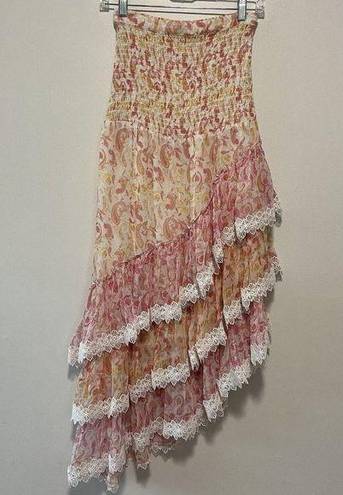 Rococo  Sand Paisley Print Tiered DIagonal Smocked Top Maxi Skirt Size Small