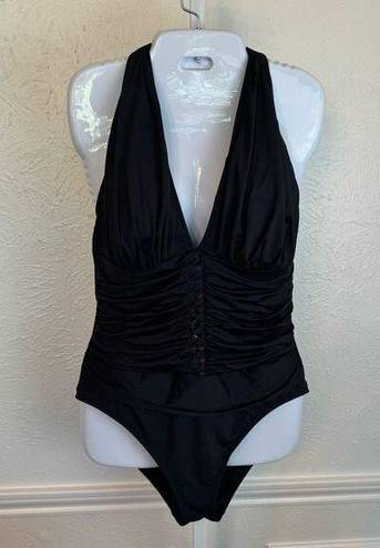 Bleu Rod Beattie  One-Piece Halter Swimsuit Deep V Ruched Slimming Black SZ 14