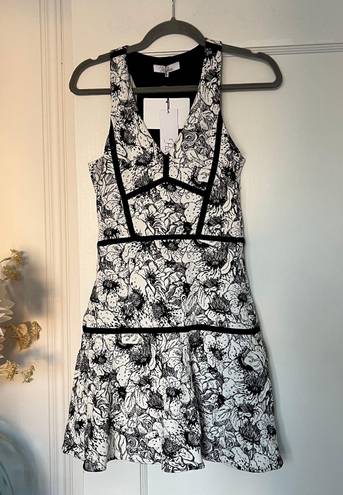 Parker Yonkers Black & White Vintage Floral Combo Contrast-Trim Dress XSMALL NWT