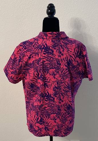 Basic Editions  Hot Pink & Purple Hibiscus Palm Leaves Floral Button Down Size XL