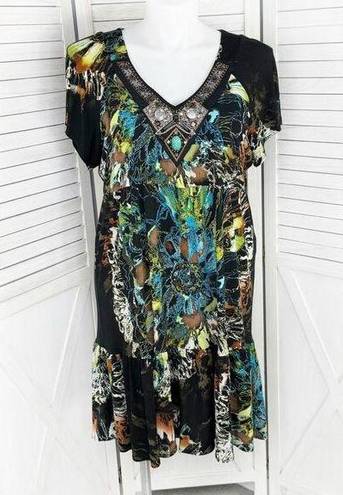 Tiana B Abstract Floral Beaded Neck Ruffle Hem Shift Dress Brown Multi 14