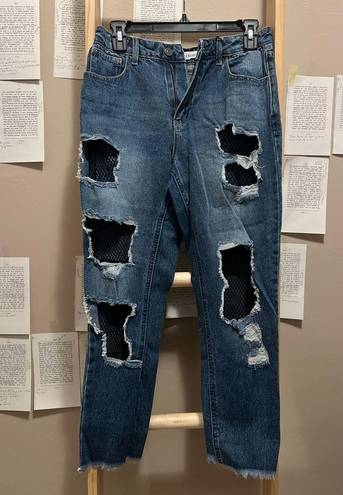 Cello Denim Ripped High Waisted Jeans with Black Mesh Fishnet