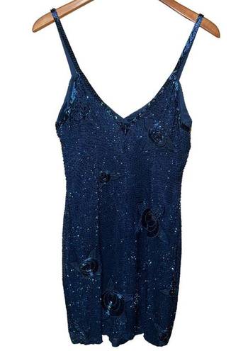 Oleg Cassini  Black Tie Beaded Navy Blue Mini Dress Size 10