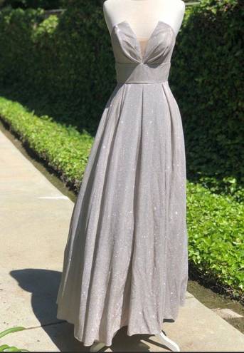 Betsy and Adam  Glittery Silver Strapless Ball Gown Dress